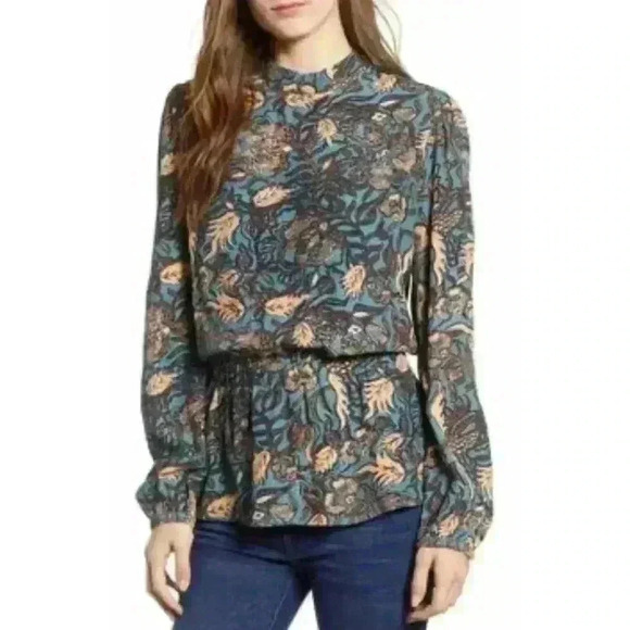 Hinge Floral Peplum Viscose Blue Orange Blouse Size Medium Mock Neck - Picture 1 of 5